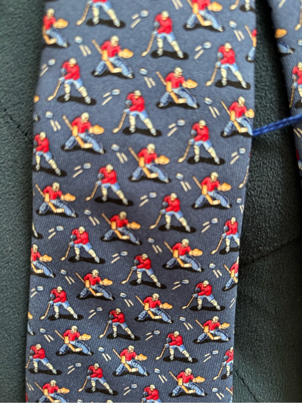 Vineyard Vines Navy Silk Tie with Red and Gold Hockey Players